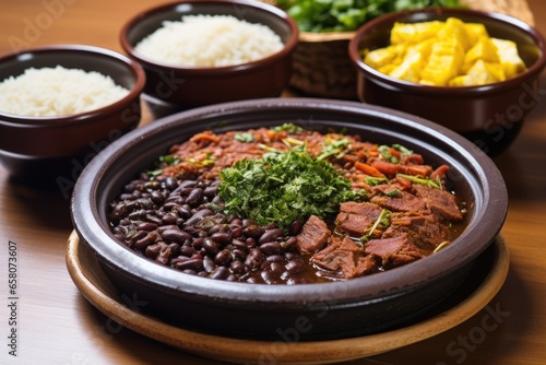 a two-section serving tray with feijoada and rice