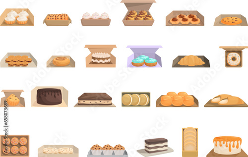 Homemade baked goods delivery icons set cartoon vector. Chocolate food. Cooking menu