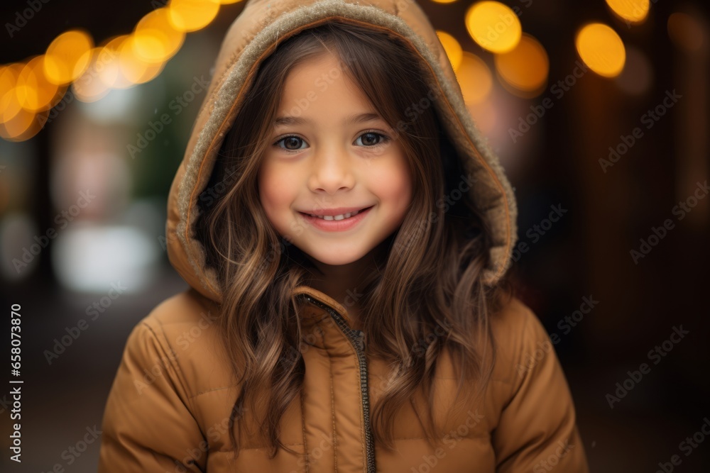 holidays, childhood, fashion and people concept - smiling little girl in winter coat over night lights background holidays, childhood, fashion and people concept - smiling little girl in winter coat over night lights background