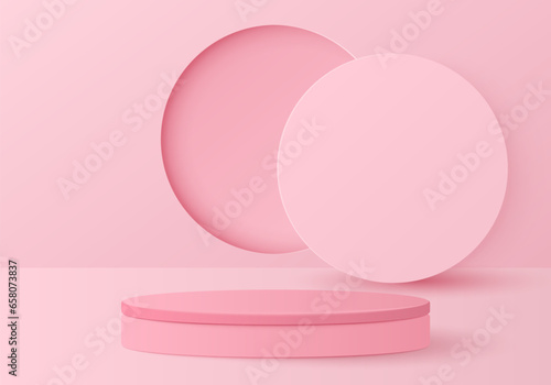 Minimal scene with pink cylinder podium for product presentation, mock up, show cosmetic. Vector illustration