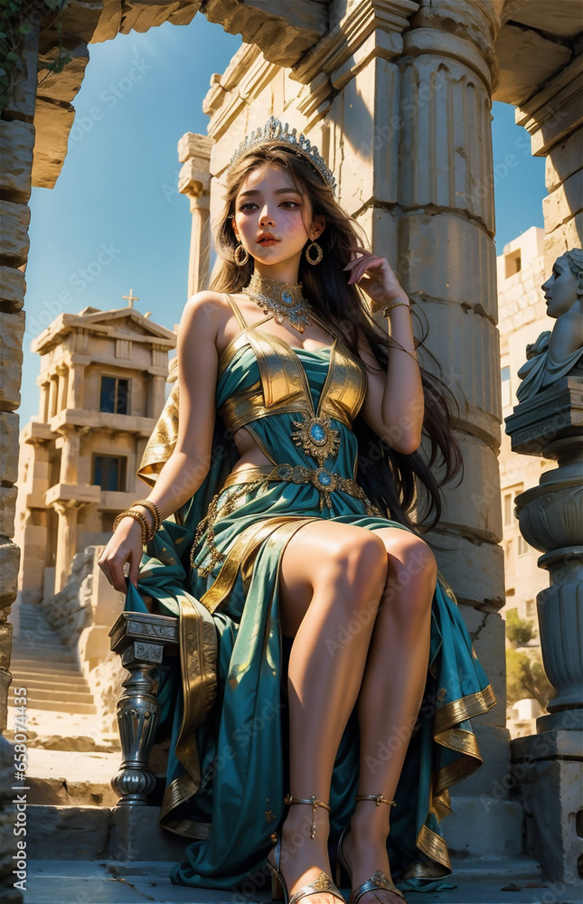 Greek goddess at ancient city ruins. Beautiful young woman Aphrodite style with golden necklace jewelry. Athena walking Greece. Mythical Hellenic.
