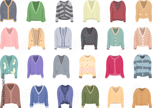 Cardigan icons set cartoon vector. Knit apparel. Winter wool