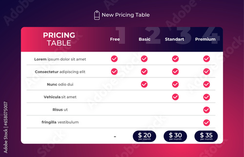 Pricing Tables Template Design, Vector comparing price banner product. Simple comparison pricing chart table list
