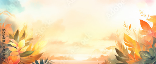 The gentle shimmer of gold-touched tropical leaves, juxtaposed against a vibrant watercolor sunset. Illustration background. 