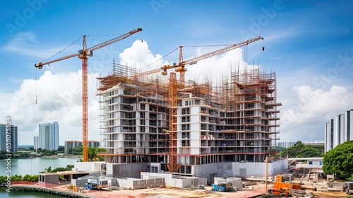 Construction site with cranes and building under construction, panoramic view photo