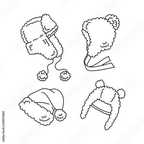 Black and white sketch of different types of winter hats. Ushanka hat, hat with ponpon, Santa Claus hat. Children's accessories set.