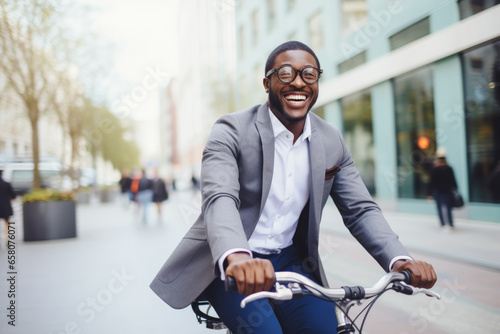 Successful smiling African American businessman riding a bicycle in a city street in Berlin. Healthy, ecology transport