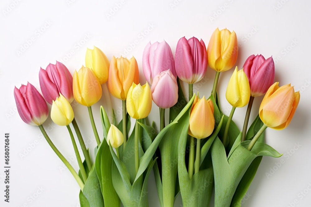 Tulips arranged orderly on a white background, forming a floral border for spring. Generative AI