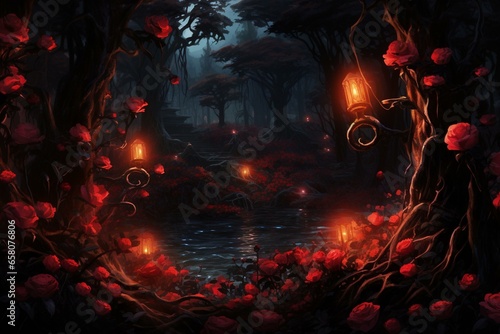 radiant roses in a enchanted nocturnal setting. Generative AI