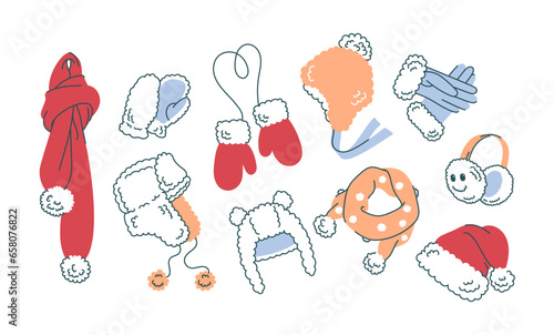 A set of winter accessories for the outdoors. Warm clothes: hats, scarves, mittens and gloves. Santa Claus hat. Children's hats. Flat vector style.