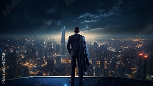 visionary businessman in suit and cape, contemplating cityscape from rooftop, crafting future business strategies – night scene