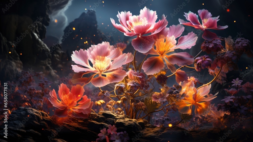 Bloom of Legends with mythical legendary flowers , illustrator image