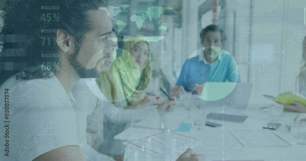 Animation of financial data processing over diverse business people in office Animation of financial data processing over diverse business people in office