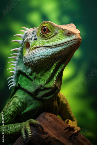 Lizard against green background. Portrait of iguana in nature. Exotic animal in tropical environment