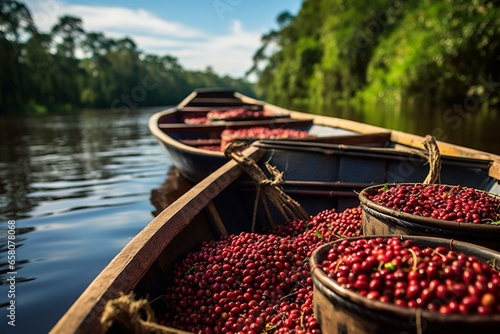 Acai berries in baskets aboard a red boat amidst Amazon rainforest with forest trees. Symbolizes environment, biodiversity, food, ecology, agriculture. Generative AI