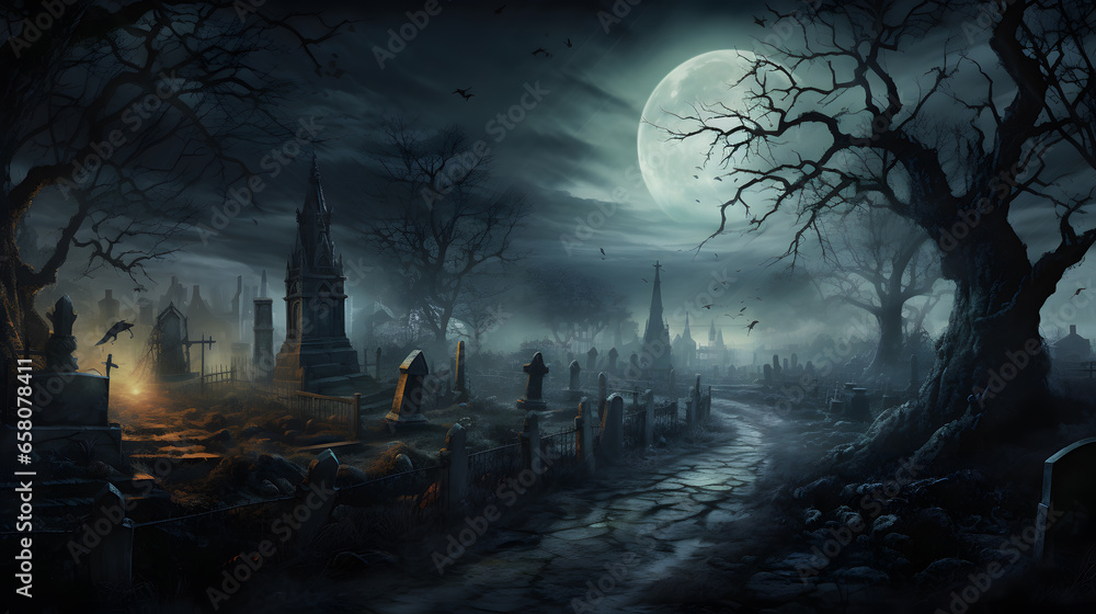 Journey through a moonlit cemetery adorned with gnarled trees and fog. This scene captures the awesome Halloween eeriness