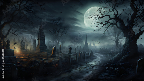 Journey through a moonlit cemetery adorned with gnarled trees and fog. This scene captures the awesome Halloween eeriness" of the night. © CanvasPixelDreams