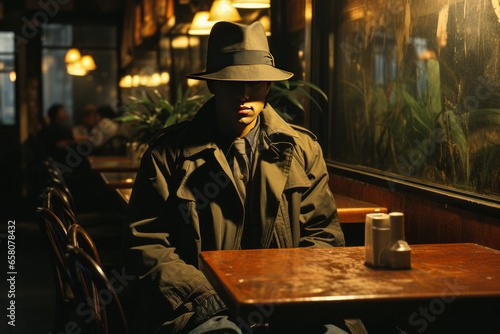 Mysterious man in disguise, alone in a dimly lit café.