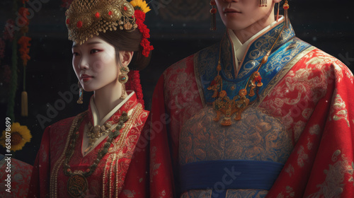 Man and woman dressed in traditional chinese clothing.