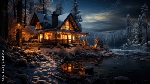 Cozy cabin in the snowy woods Starlit winter night , illustrator image, HD © NIA4u