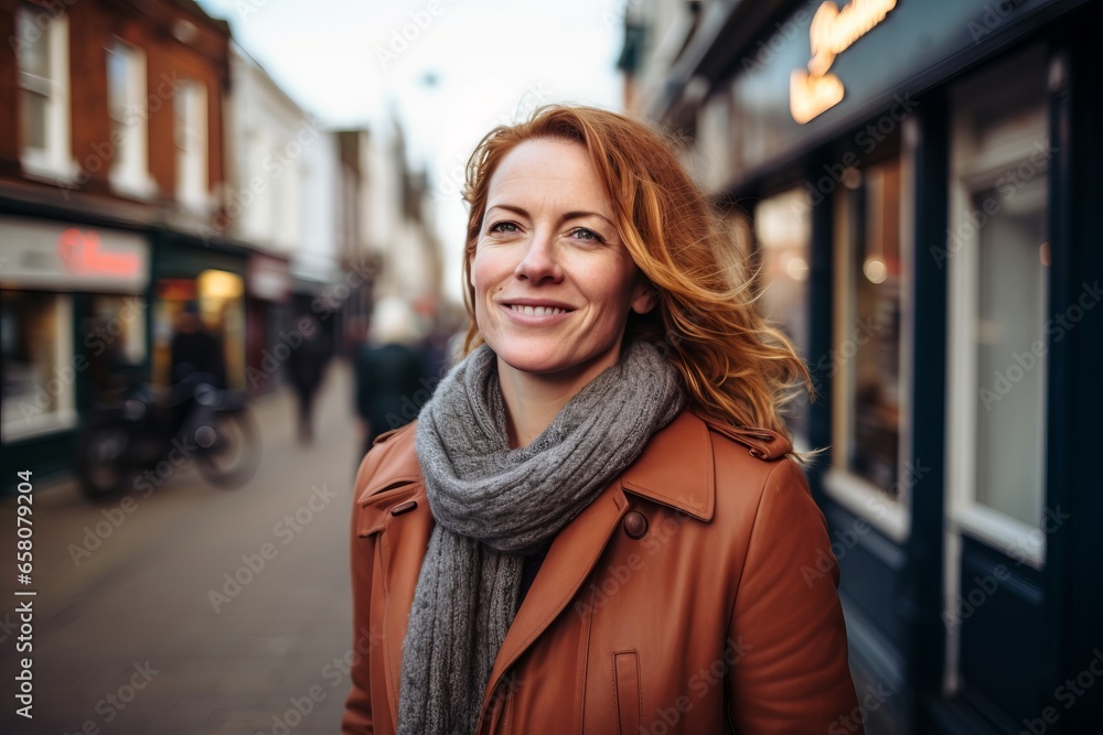 Portrait of a beautiful middle-aged woman with red hair in the city. Portrait of a beautiful middle-aged woman with red hair in the city.