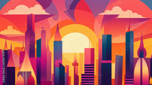 geometric city skyline with warm colors