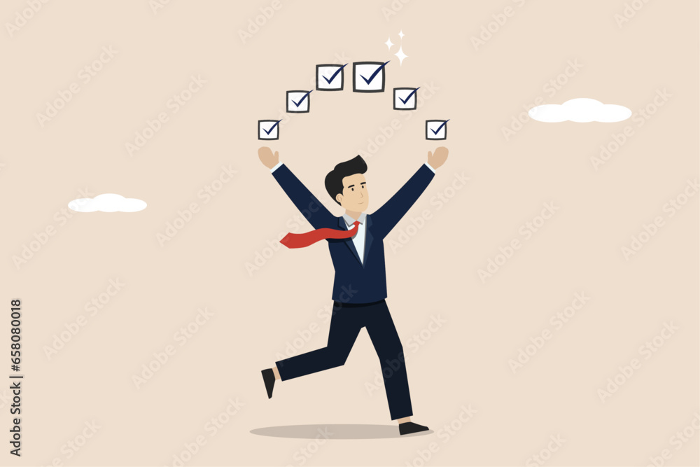 Getting work done, completing business tasks, productivity success, planning to complete work concept, smart businessman getting work done check box. Getting work done, completing business tasks, productivity success, planning to complete work concept, smart businessman getting work done check box.