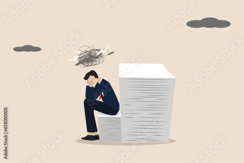 Work piling up, lots of work, depression or stress, business mistakes, work fatigue or running out of ideas at work, business people are overwhelmed because too much work has piled up.