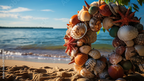 christmas nautical seashell wreath laying on the sandy beach partially covered by surf and a sunset on the horizon 