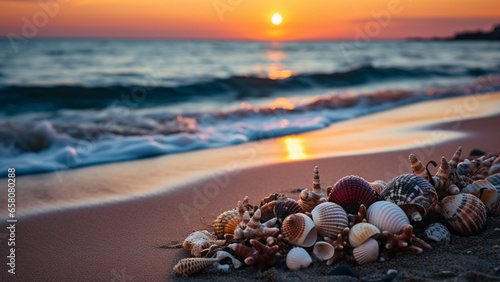 Lots of seashells, various shapes, lying on the seashore, waves, sunset