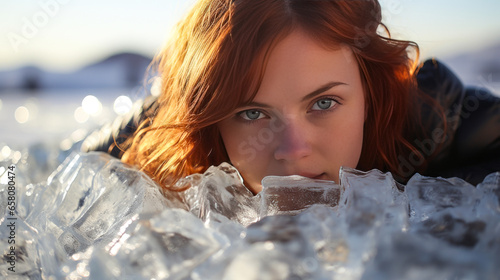 Provocative redhead woman daringly lies on melting ice in the desert, symbolizing climate change resilience.