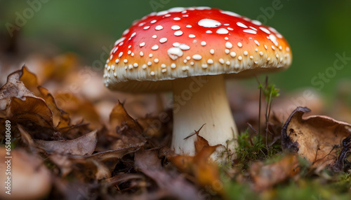 Closeup of autumn red Mashroom in the forest.