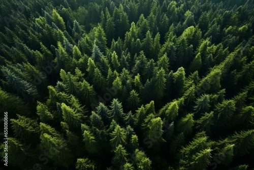 Bird's-eye view of Nordic evergreen forest captured by drone. Generative AI photo