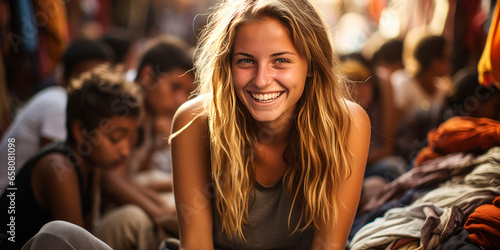 Vibrant young blonde woman haggling at a bustling Marrakech market, immersed in local culture.