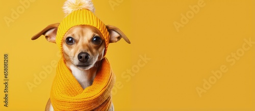 Dog wearing hat on colorful background symbolizes heating season