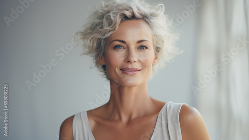 bellissima donna sessantenne con i capelli bianchi corti su sfondo neutro, senza trucco e sorridente, concetto di salute e benessere photo