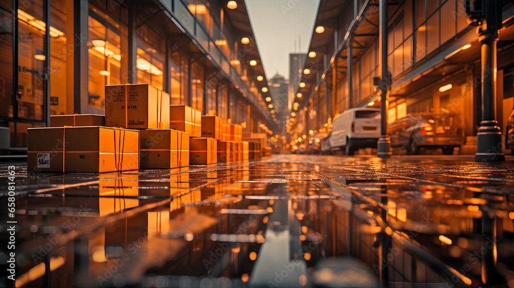 Piles of packages waiting to be handed out on a street. Concept of carriage of goods Piles of packages waiting to be handed out on a street. Concept of carriage of goods