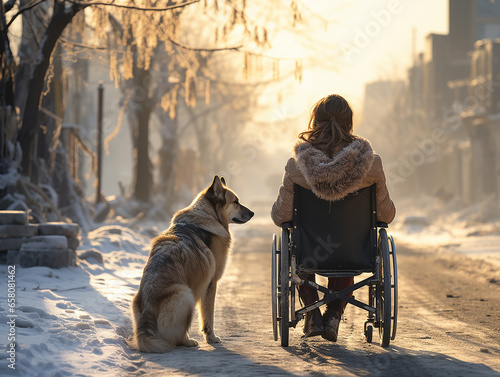 giovane donna diversamente abile su carrozzina con il suo cane accompagnatore in inverno d spalle su una strada  photo