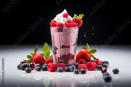Milkshake of berries on a light background with reflection.