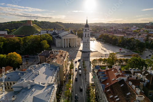 Aerial sunny autumn fall view of Vilnius old town, Vilnius Cathedral, Lithuania