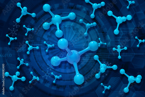 Fototapeta Naklejka Na Ścianę i Meble -  Atom molecule on scientific background. 3d illustration..