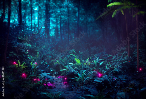 magical enchanted forest in night luminating photo
