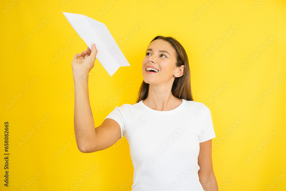 Woman Sending Email Message Paper Airplane Email Marketing Concept Woman Sending Email Message Paper Airplane Email Marketing Concept