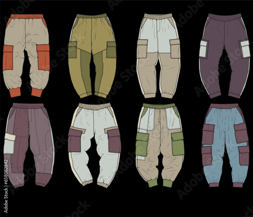 Cargo Pants colorful fashion hand drawing technical  template. Cargo pocket fashion mockup for training.