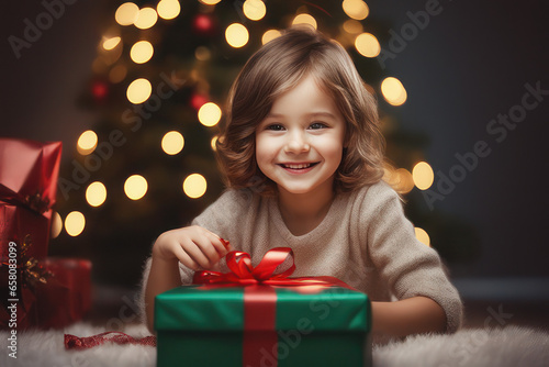 happy smiling child opening christmas gift, christmas celebration, concept Religion and Culture, generative ai