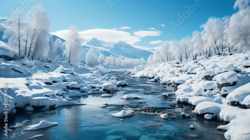 Icy river flowing through a snowy landscape Cool blue , illustrator image, HD