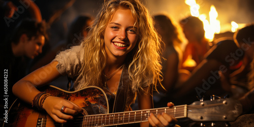 Vibrant young blonde playing guitar by bonfire with friends under starlit sky.