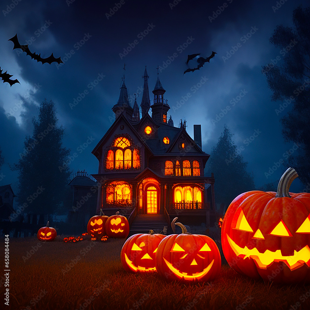 Halloween background with pumpkins and haunted house Halloween background with pumpkins and haunted house