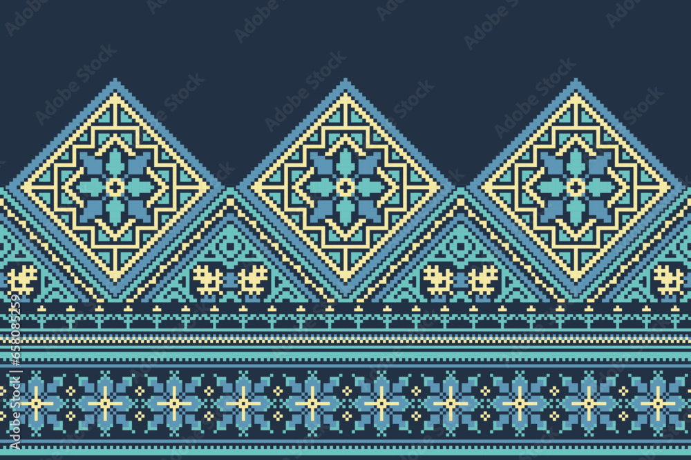 flower embroidery on blue background. ikat and cross stitch geometric seamless pattern ethnic oriental traditional. Aztec style illustration design for carpet, wallpaper, clothing, wrapping, batik.	