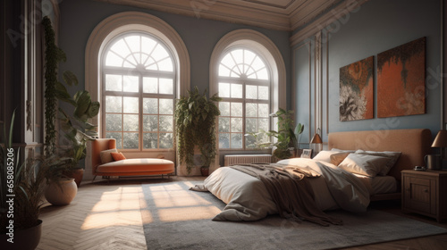 Bedroom with arched windows and a bed. © Tamazina
